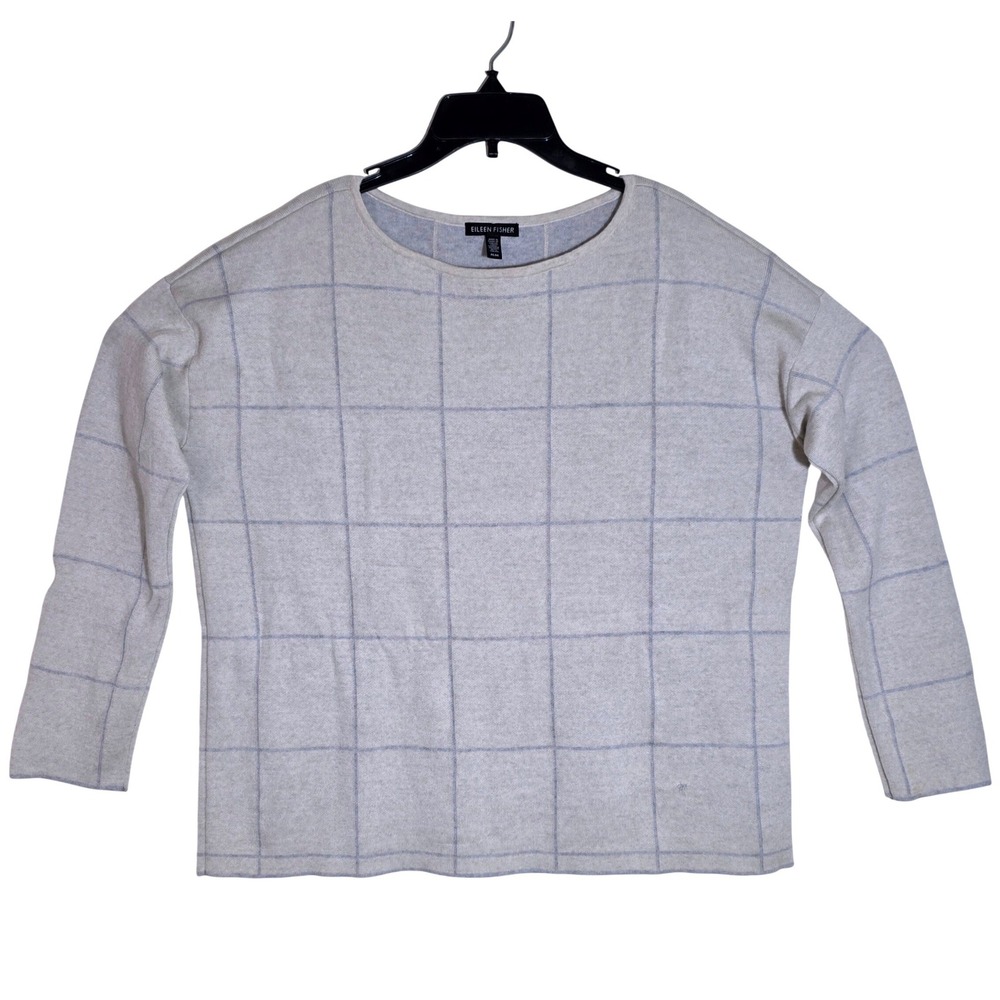 Eileen Fisher Women's Windowpane Merino Wool Sweater Size M Grey Cream - Picture 6 of 12